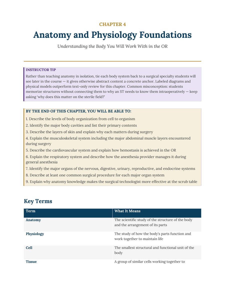 Chapter 4 opener with an Instructor Tip box on teaching anatomy effectively